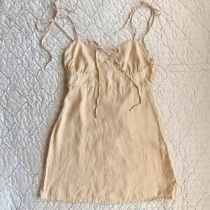 100% Linen Camel Mini Dress 🌼 with Spaghetti Tie Straps